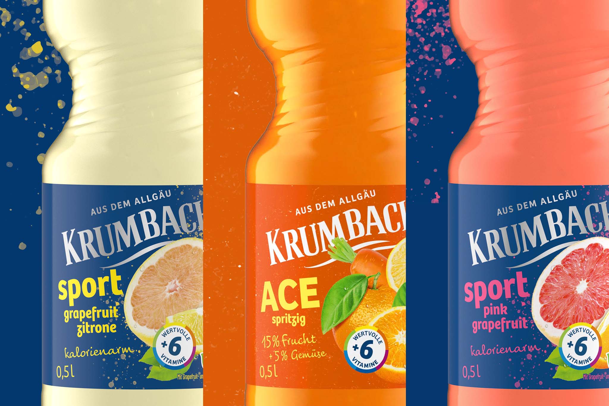 Nahaufnahme von drei Krumbach-Flaschen: Sport Grapefruit Zitrone, ACE spritzig, Sport Pink Grapefruit