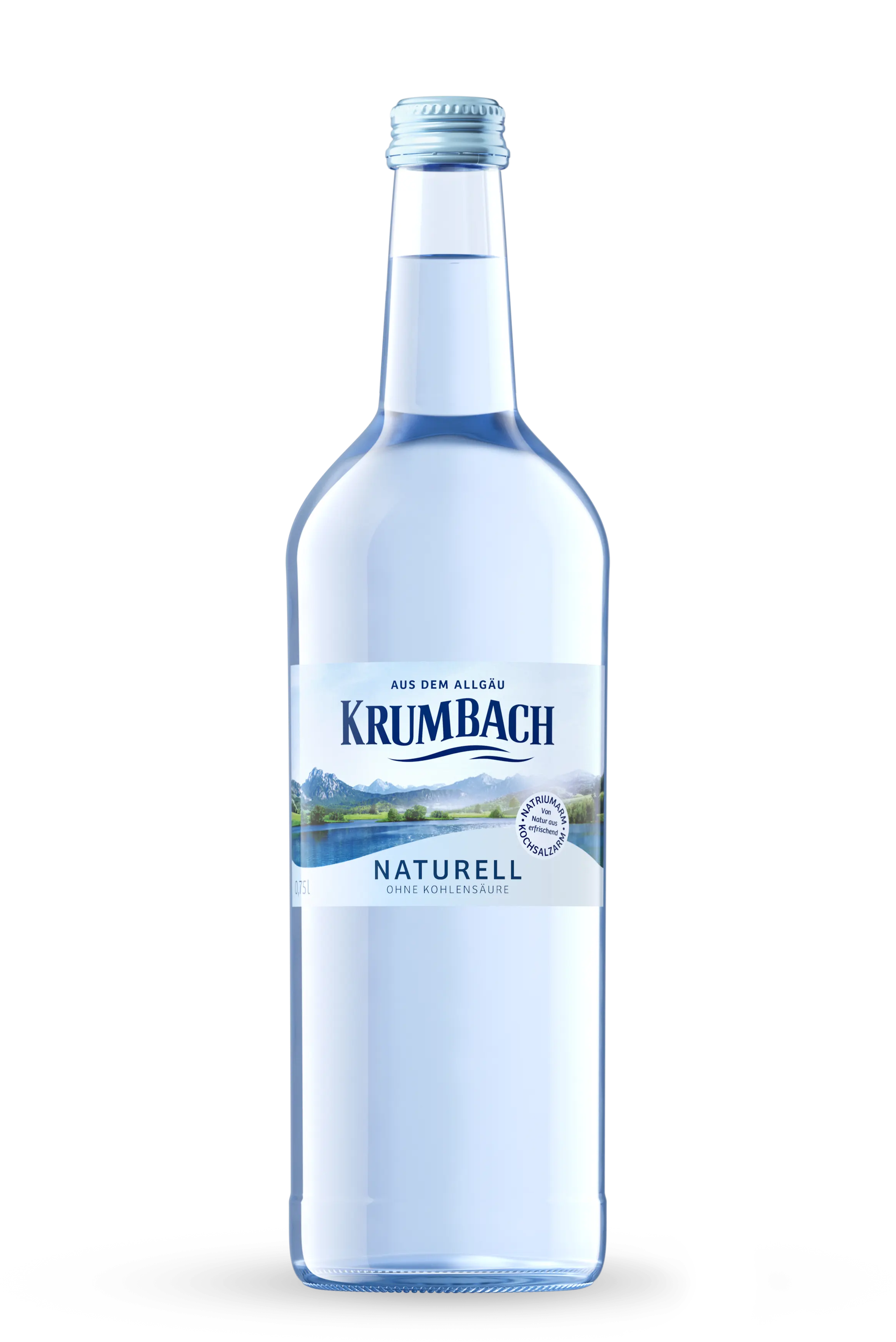 Einzelflasche Krumbach Naturell, 0,75 L Glas, vor transparentem Hintergrund
