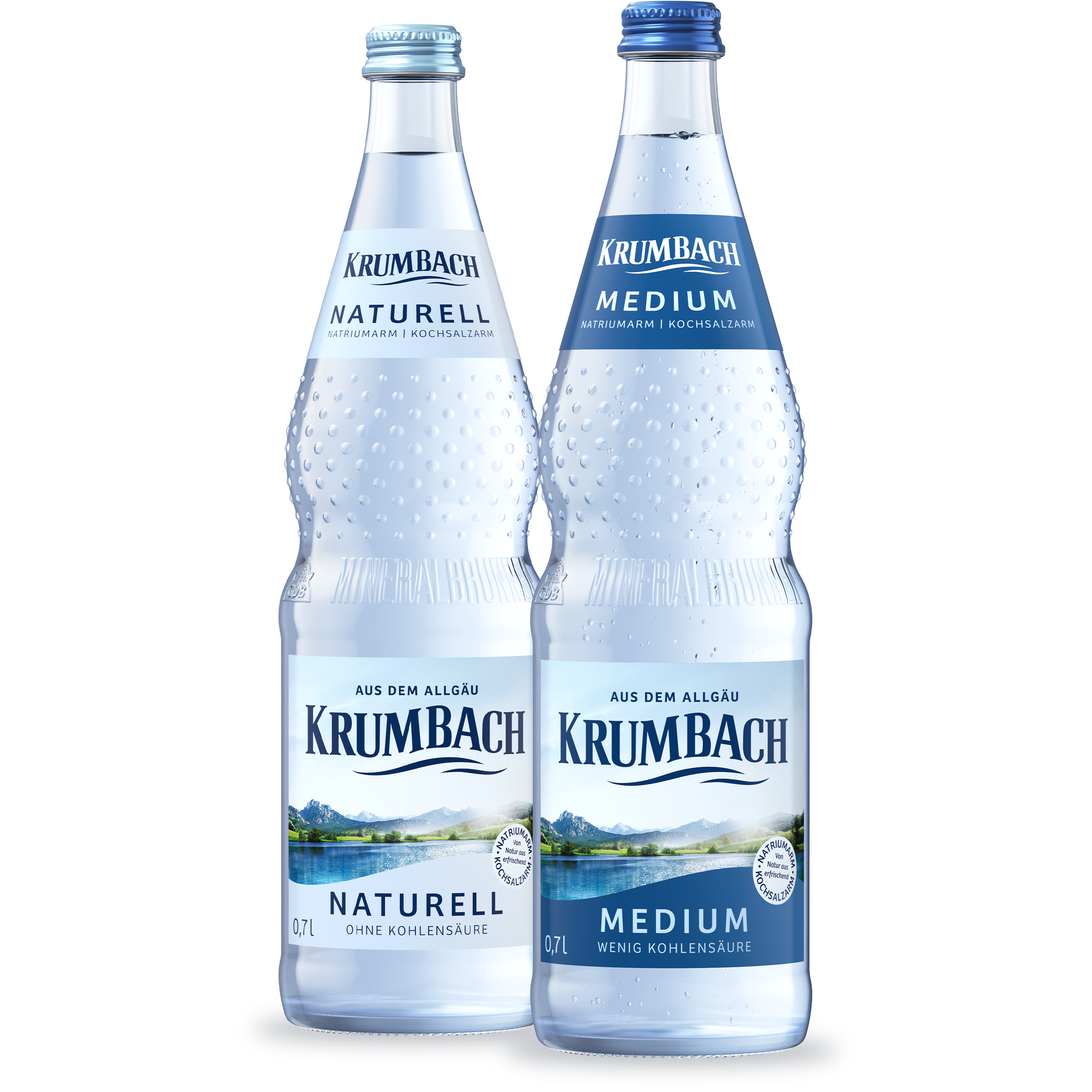 Zwei 0,7 l Krumbach-Glasflaschen: Naturell ohne Kohlensäure und Medium mit wenig Kohlensäure