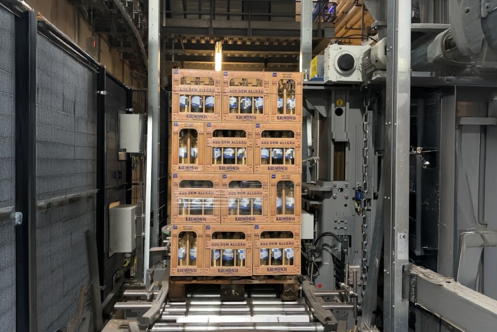 Palettenweise Kisten mit Krumbach Mineralwasser in der automatisierten Verpackungsanlage.