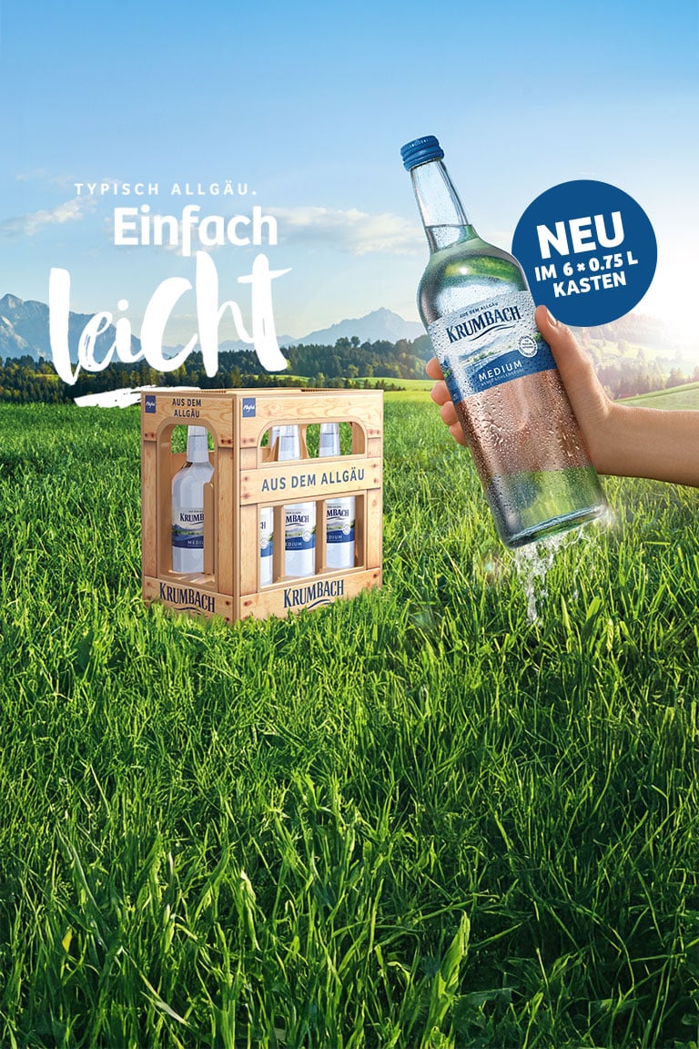 Krumbach Medium jetzt neu in der 0,75-Liter-Genussflasche im 6er-Kasten – typisch Allgäu, einfach leicht.