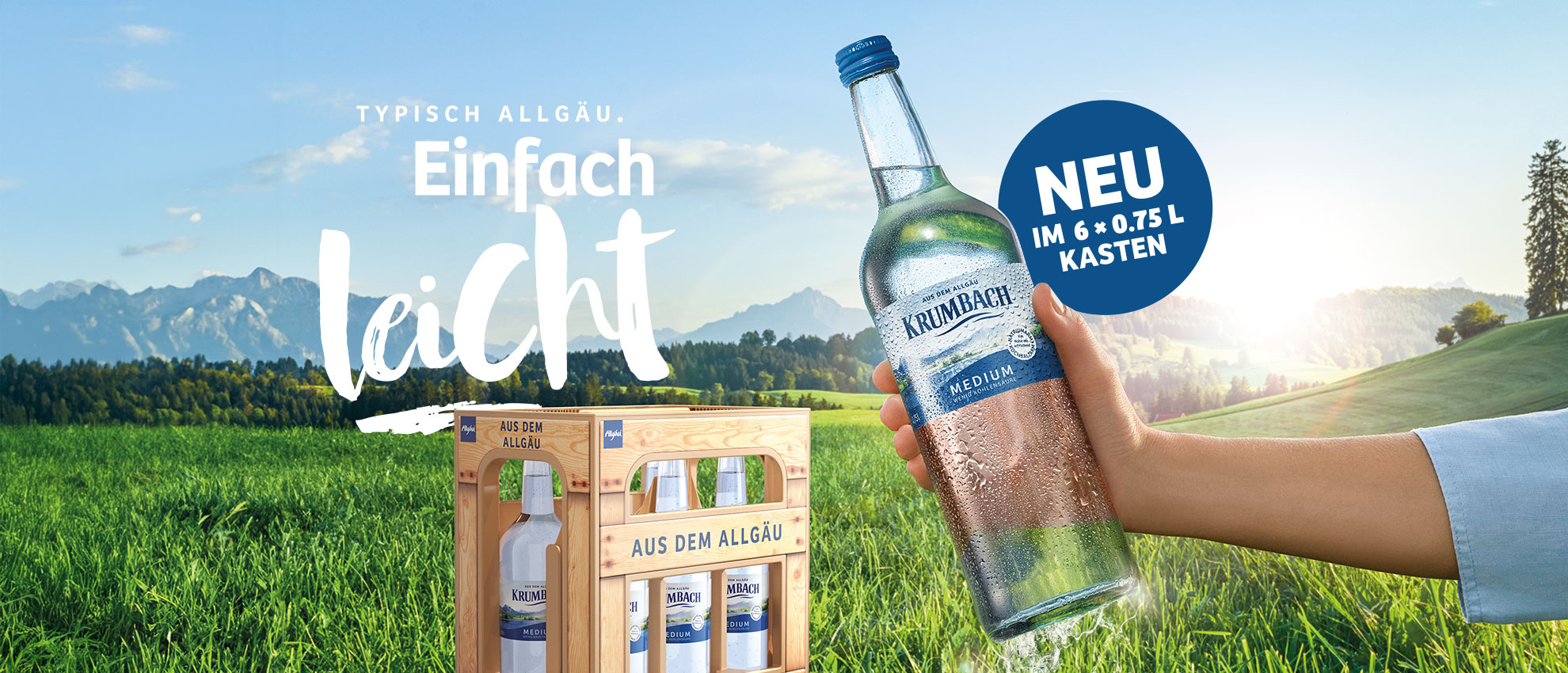 Krumbach Medium jetzt neu in der 0,75-Liter-Genussflasche im 6er-Kasten – typisch Allgäu, einfach leicht.