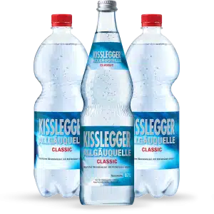 Kisslegger Allgäuquelle Mineralwasser Classic im PET-Gebinde und in der Glasflasche
