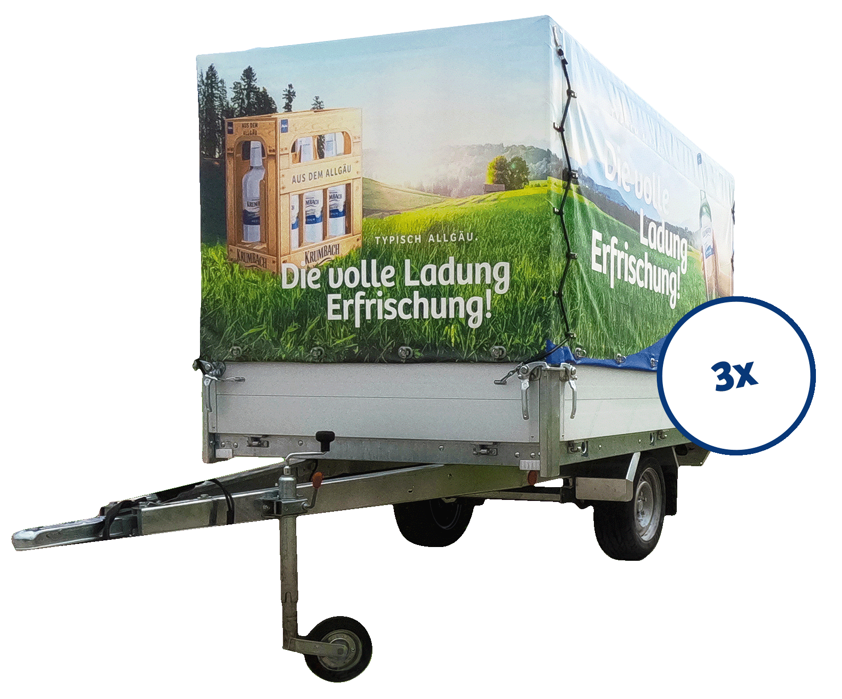 Krumbach Mineralwasser Anhänger, auf dem der Slogan 'Die volle Ladung Erfrischung' und einer Holzkiste mit Flaschen abgebildet sind. Daneben ein Kreis mit der Zahl 3