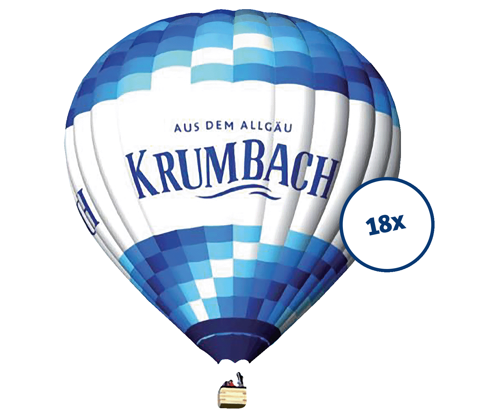 Krumbach-gebrandeter Heißluftballon mit blau-weißem Schachbrettmuster und dem Logo 'Aus dem Allgäu' sowie dem Krumbach Markennamen. Daneben ein Kreis mit der Zahl 18