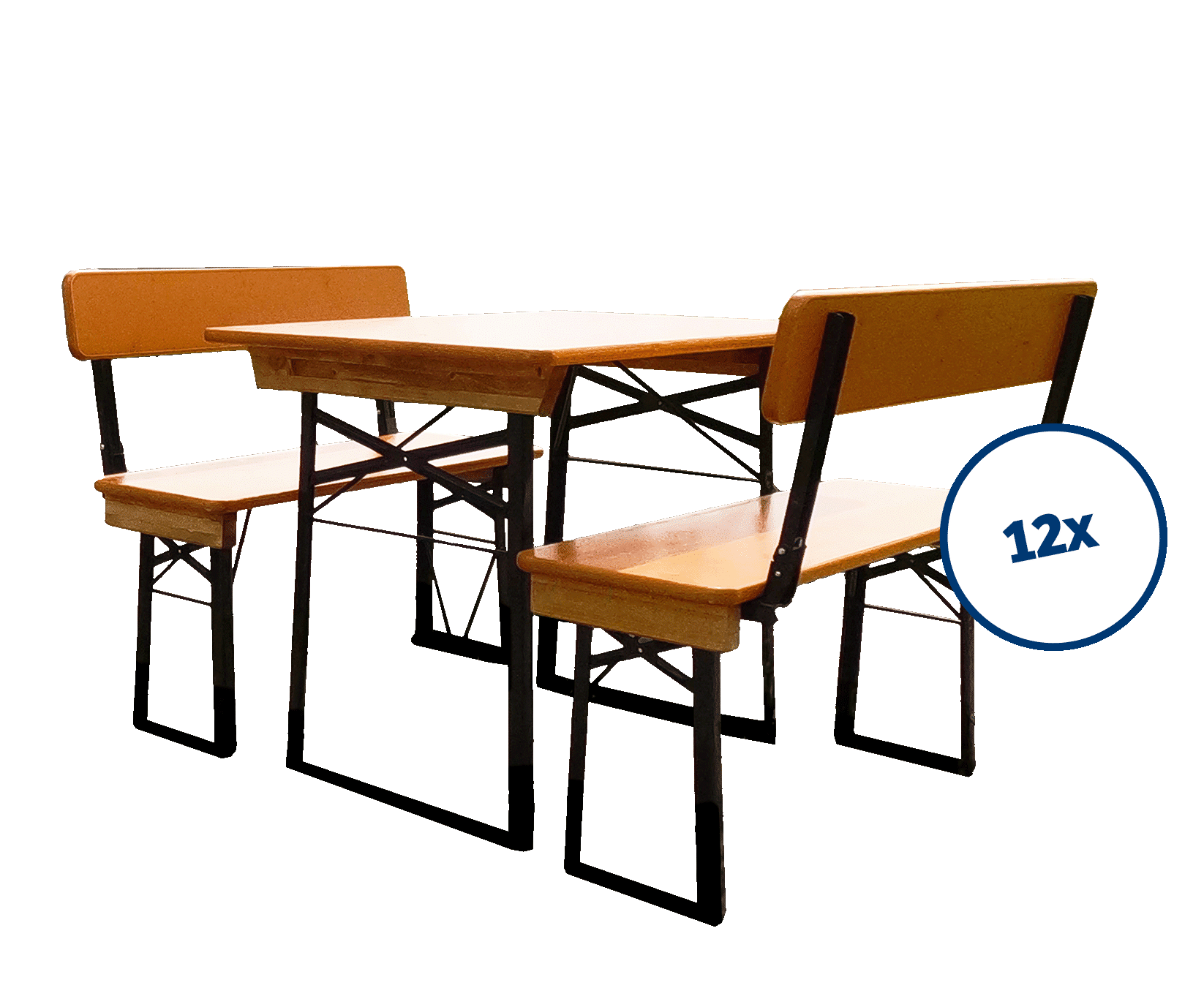 Traditioneller Biergarten-Tisch mit Bänken aus Holz und schwarzen Metallrahmen. Daneben ein Kreis mit der Zahl 12