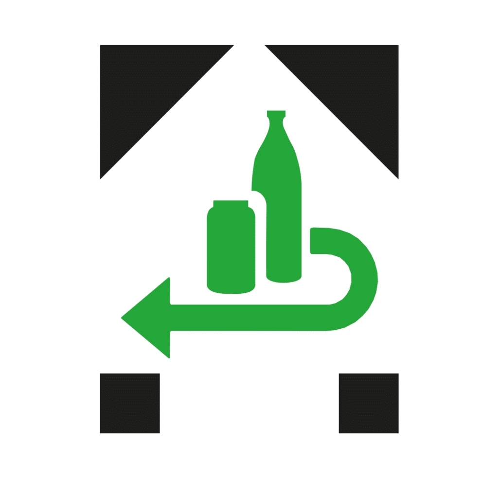 DPG-Pfandzeichen mit grüner Flasche, Dose und Pfeil für Einweggetränkeverpackungen