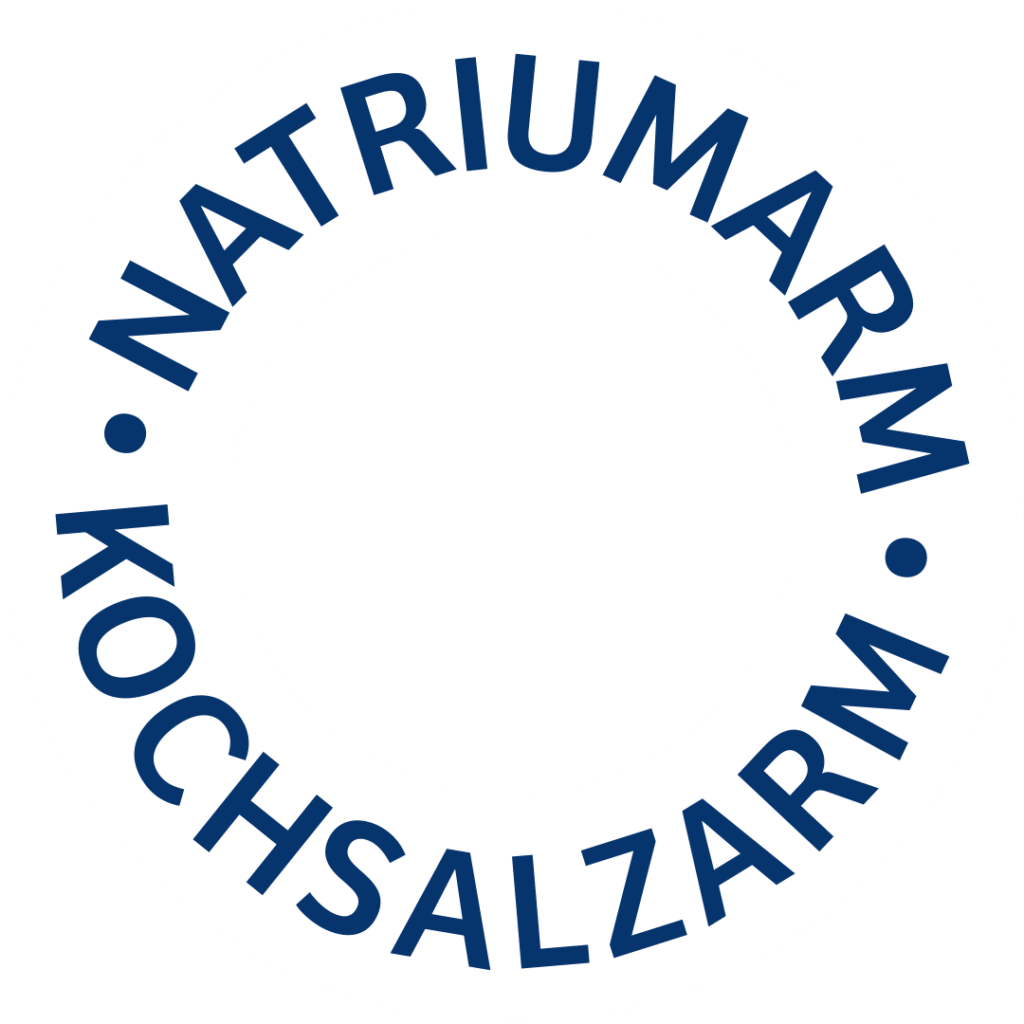 Natriumarm- und kochsalzarm-Symbol in dunkelblauer Schrift auf weißem Kreisring