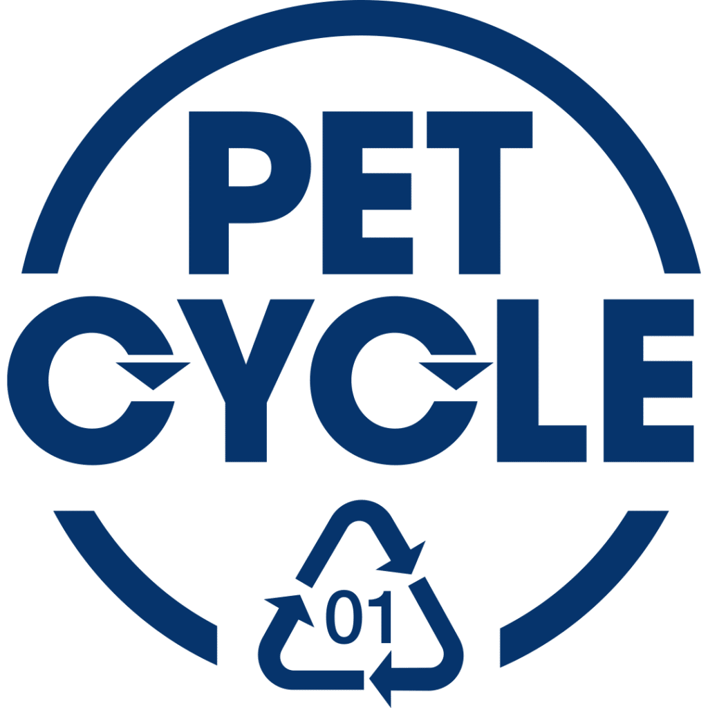 PET-Cycle Symbol mit Recyclingzeichen in dunkelblauer Schrift auf weißem Hintergrund
