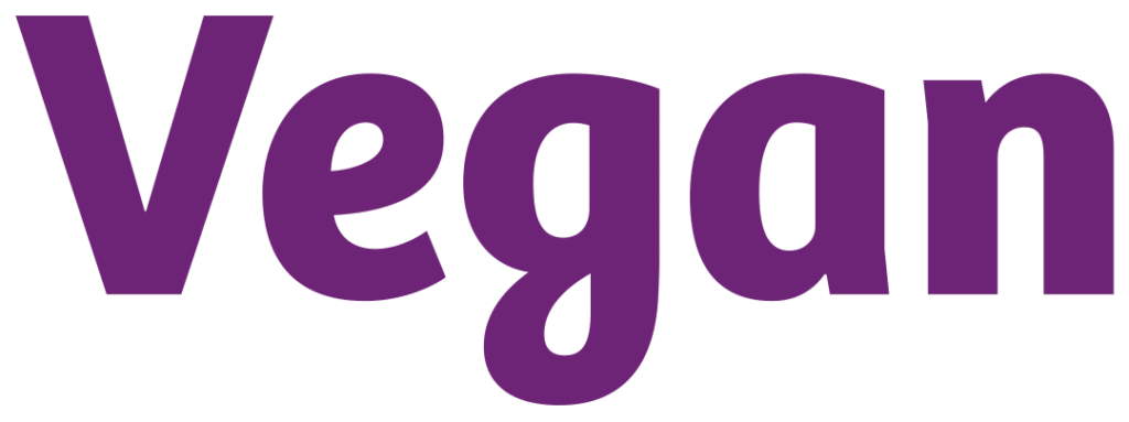 Vegan-Symbol in violetter Schrift mit weißer Kontur auf transparentem Hintergrund