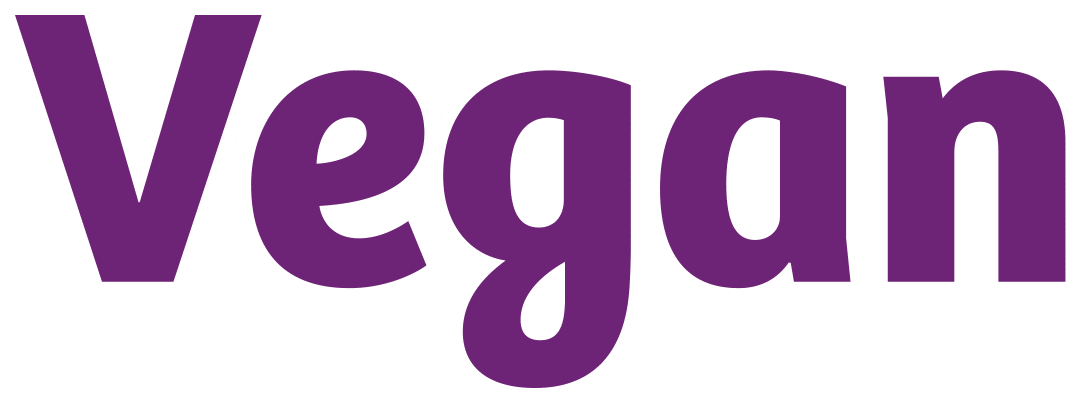 Vegan-Symbol in violetter Schrift mit weißer Kontur auf transparentem Hintergrund