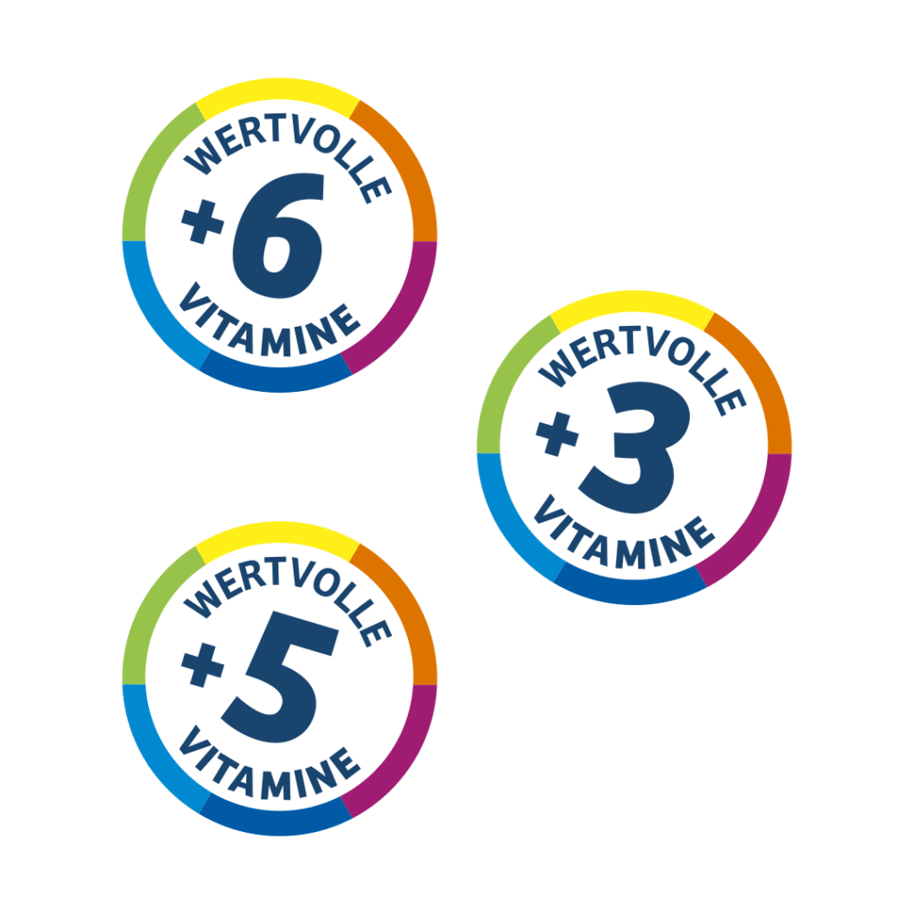 Drei bunte Symbole für Krumbach Getränke mit wertvollen Vitaminen plus 3, plus 5 und plus 6