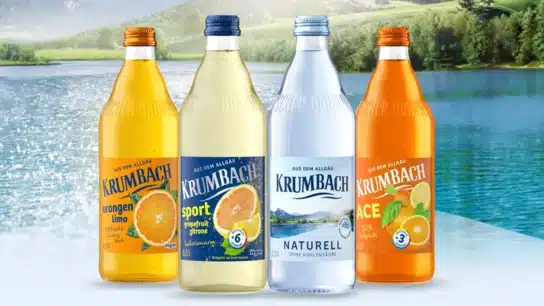 Neuheiten im 0,5 Liter Glas-Gebinde mit den Sorten Orangen-Linomade, Sport Grapefruit-Zitrone, Mineralwasser Naturell und ACE