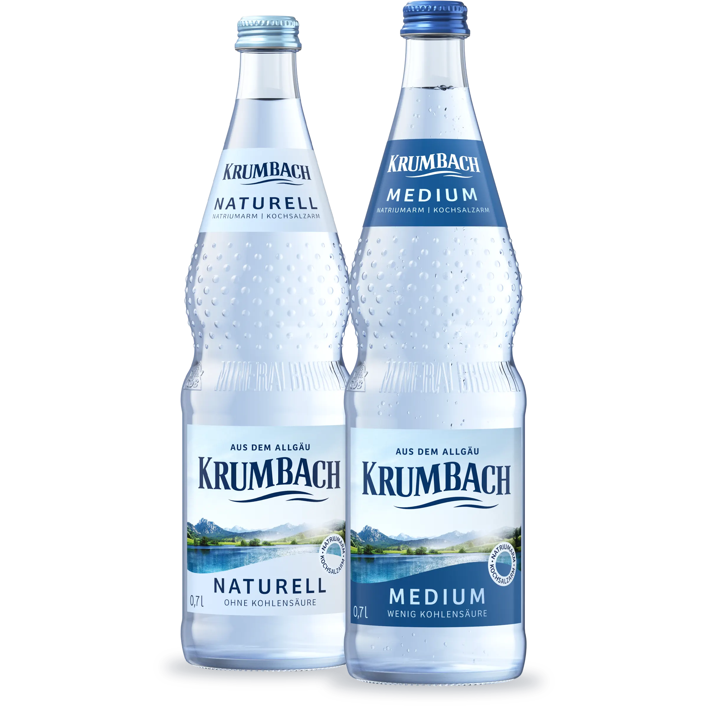 Zwei 0,7 l Krumbach-Glasflaschen: Naturell ohne Kohlensäure und Medium mit wenig Kohlensäure