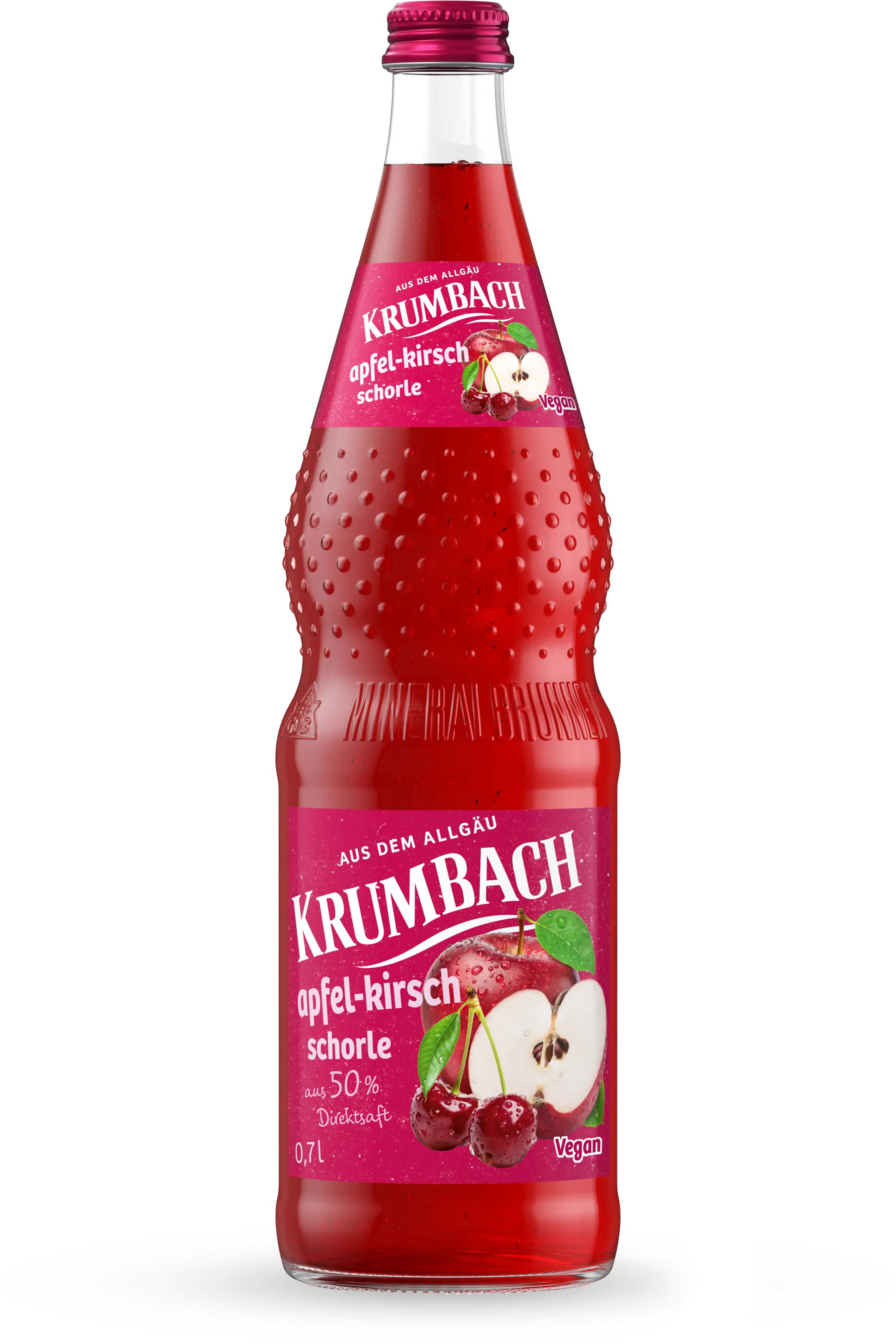 Krumbach Direktsaftschorlen-Flasche im 0,7 Liter Glas-Gebinde der Sorte Apfel-Kirsch