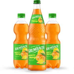 Krumbach Fruchtsaftgetränk-Flaschen in verschiedenen Gebinden der Sorte Mandarine-Mango