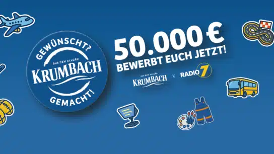 Krumbach Gewünscht Gemacht Aktion mit 50.000 Euro Gewinnsumme und Illustrationen verschiedener Wünsche vor blauem Hintergrund