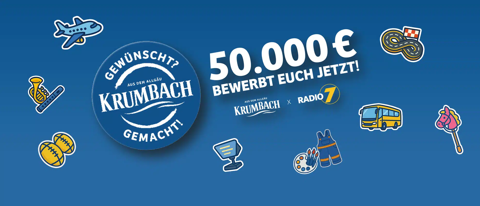 Krumbach Gewünscht Gemacht Aktion mit 50.000 Euro Gewinnsumme und Illustrationen verschiedener Wünsche vor blauem Hintergrund