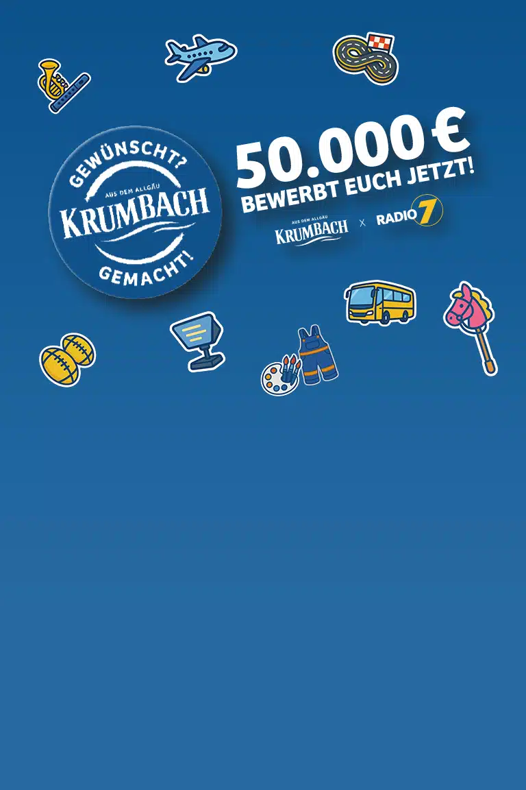 Krumbach Gewünscht Gemacht Aktion mit 50.000 Euro Gewinnsumme und Illustrationen verschiedener Wünsche vor blauem Hintergrund