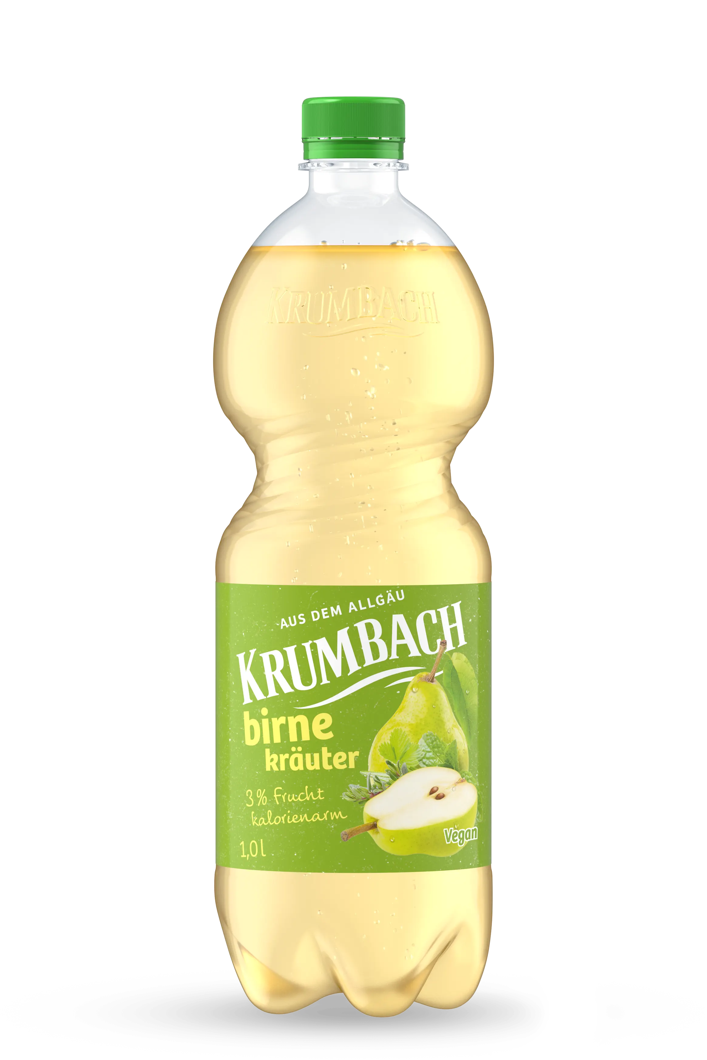 Krumbach kalorienarme Getränke-Flasche im ein Liter PET-Gebinde der Sorte Birne-Kräuter