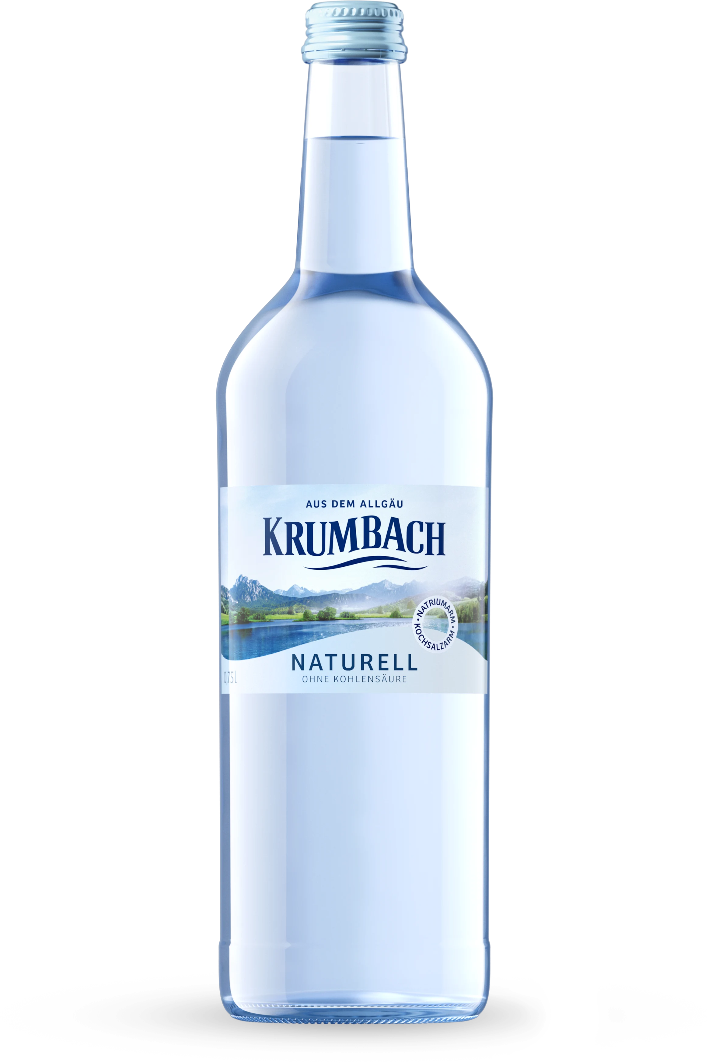 Einzelflasche Krumbach Naturell, 0,75 L Glas, vor transparentem Hintergrund