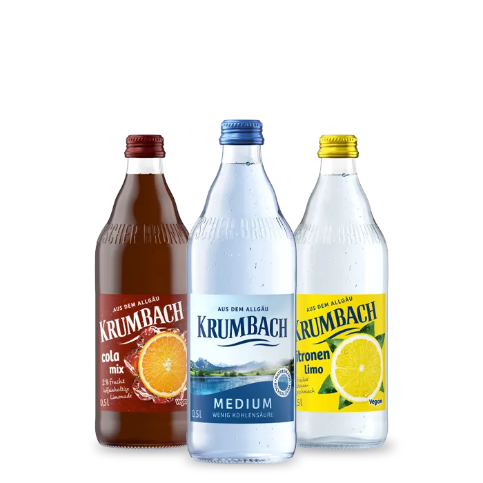 Krumbach 0,5 Liter Glasflaschen in den Sorten Cola-Mix, Mineralwasser Medium und Zitronen-Limonade