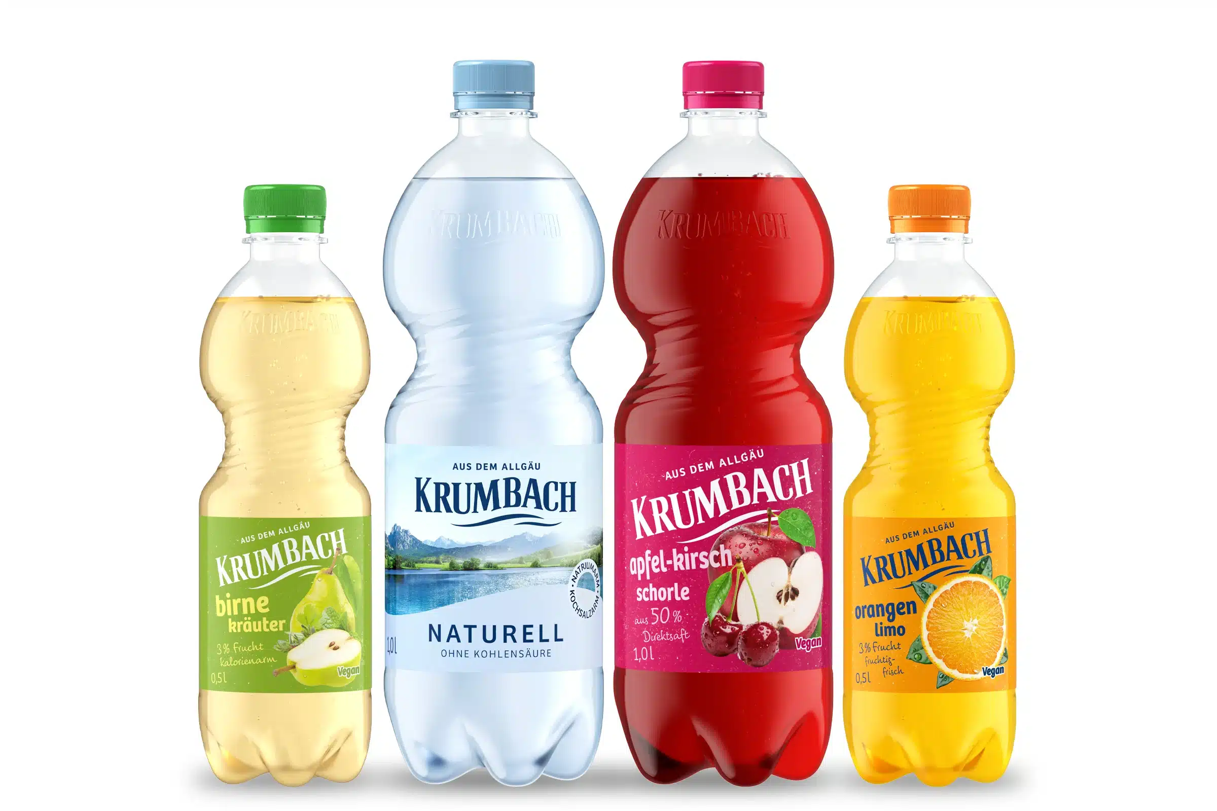 Krumbach PET-Flaschen mit Birne Kräuter, Naturell Mineralwasser, Apfel-Kirsch-Schorle und Orangenlimo