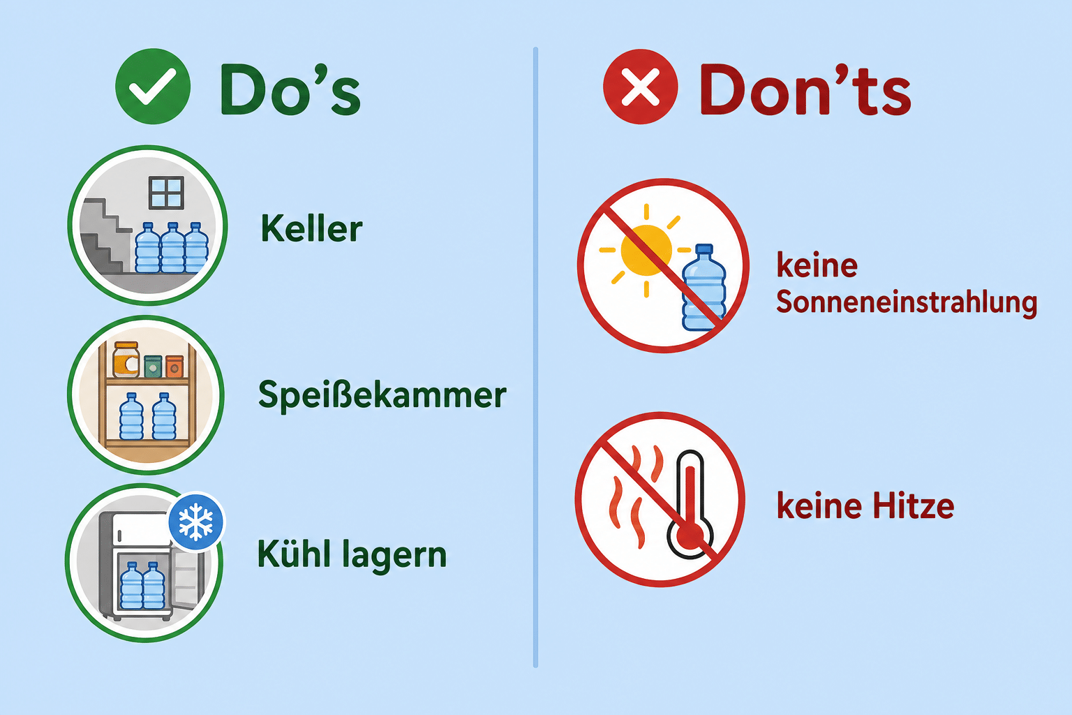 Auflistung der Does und Donts der Wasseraufbewahrung: Kühl lagern, keine Hitze, keine Sonneneinstrahlung