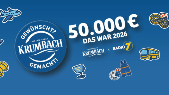 Krumbach Aktion „Gewünscht? Gemacht!“ mit 50.000 Euro, Radio 7 Logo und Illustrationen verschiedener Wünsche