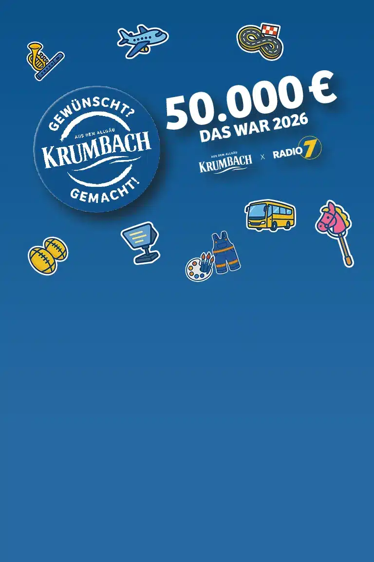 Krumbach Aktion „Gewünscht? Gemacht!“ mit 50.000 Euro, Radio 7 Logo und Illustrationen verschiedener Wünsche