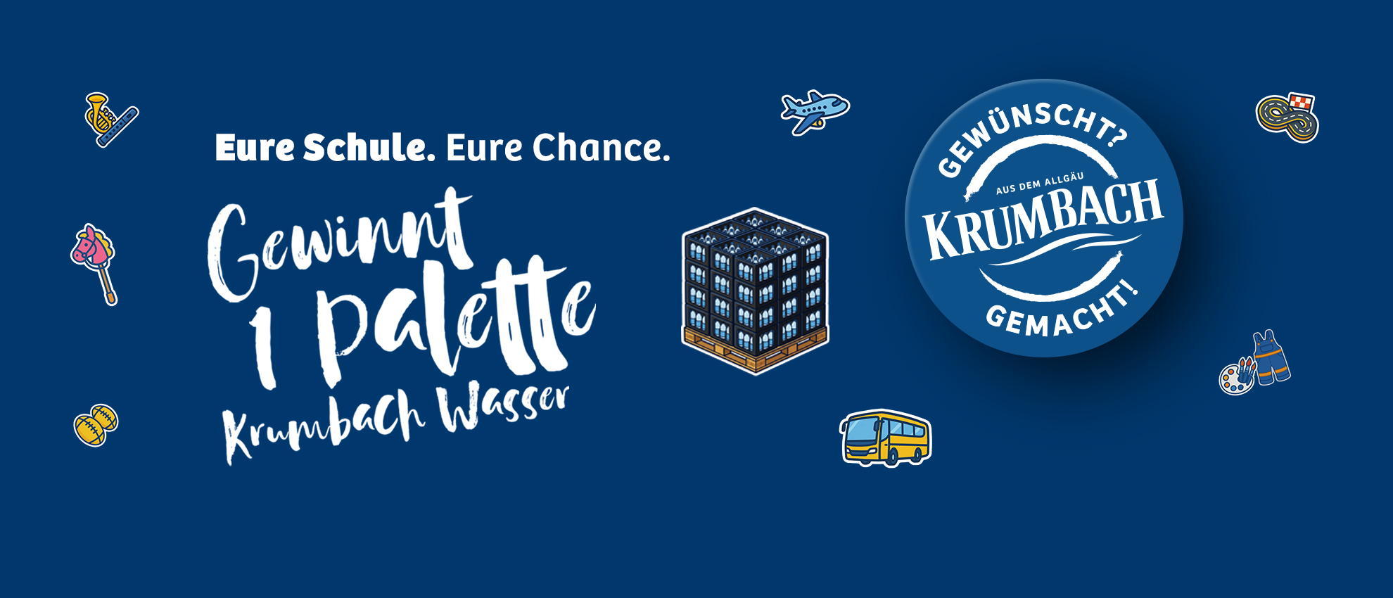 Krumbach Gewünscht Gemacht Gewinnspiel für Schulen mit einer Palette Krumbach Wasser und Wunsch-Illustrationen