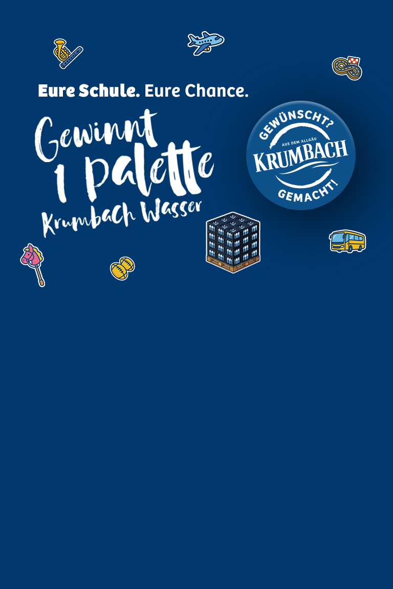 Krumbach Gewünscht Gemacht Gewinnspiel für Schulen mit einer Palette Krumbach Wasser und Wunsch-Illustrationen