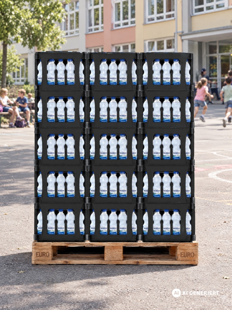 Palette mit Krumbach Medium Mineralwasser auf einem Schulhof vor einem Schulgebäude mit spielenden Kindern